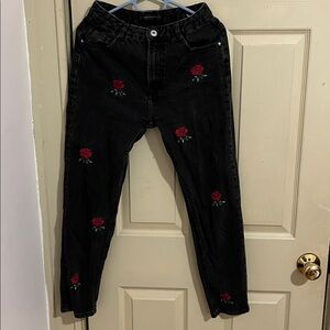 Black Jeans with Red Rose Embroidery